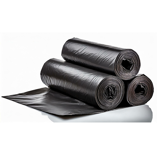 Rolls of black bin liners stacked on top of each other. One unraveled to show the tear proof material they are made from. 