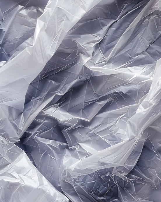 Clear bin liner scrunched up inside of a large industrial bin. 