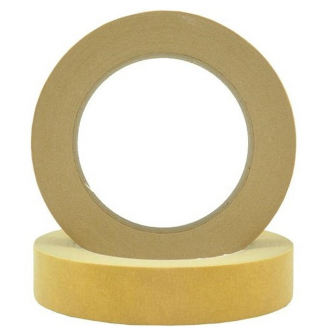 Two rolls of brown masking tape, with one standing upright and the other lying flat in front of it. Durable and reliable, this tape boasts high temp resistance