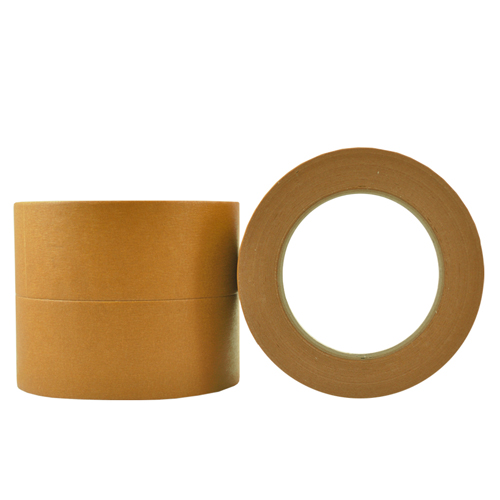 A stack of brown masking tape, with one standing upright and the other lying flat in front of it. Durable and reliable, this tape boasts high temp resistance